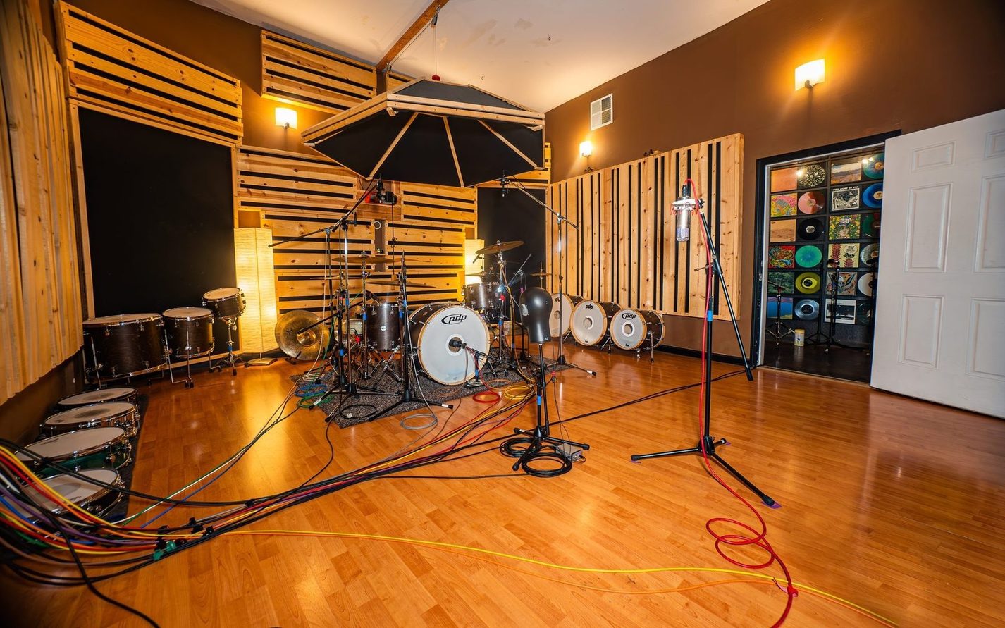 The live room at The Panda Studios, set up for a drum session