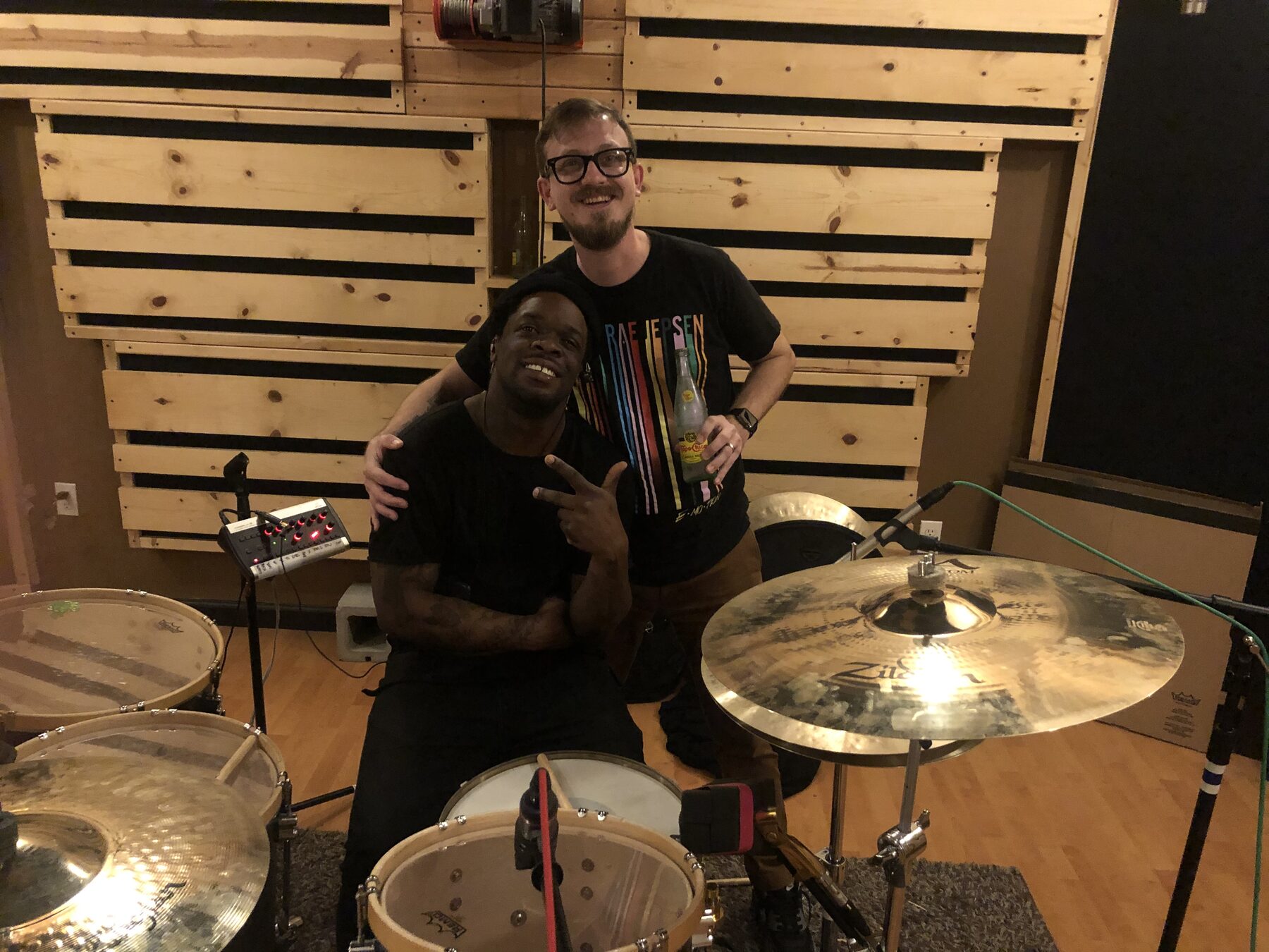 Behind the kit during a SpiritWorld drum session